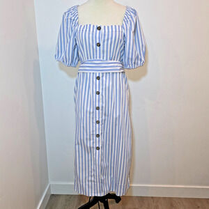 J. Crew Blue White Stripe Button Front Midi Puff Sleeve Dress Size M Timeless
